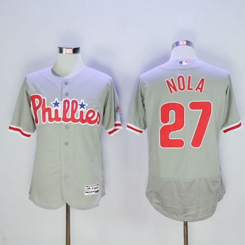 Phillies #27 Aaron Nola Grey Flexbase Authentic Collection Stitched MLB Jersey - Click Image to Close